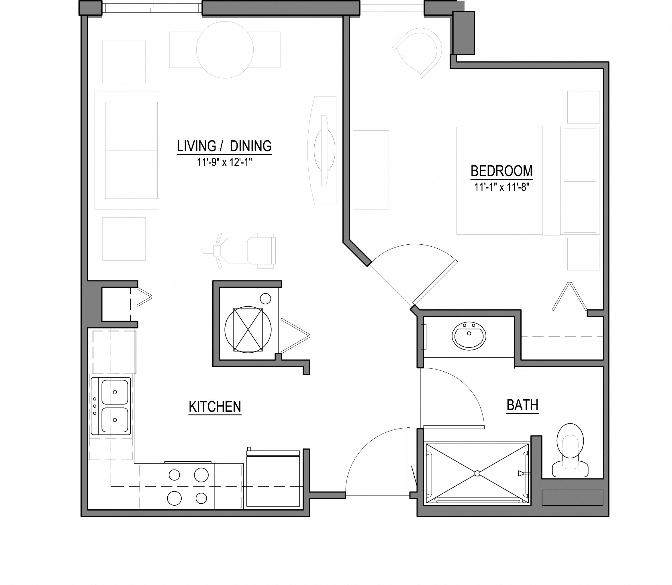Floor plan for 1 bed, 1 bath, 569 sqft